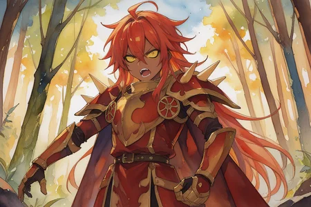 score_9, score_8_up, score_7_up, score_6_up, source_anime, BREAK, <lora:Gulcasa-000012:0.6> , guldef, very dark skin, dark-skinned male, Guldem, fiery aura, (1boy), red hair, long hair, hair between eyes, (yellow sclera), yellow eyes, (armor), spikes, shoulder armor, shoulder spikes, cape, red cape, pauldrons, gauntlets, leaping into battle,  (looking at viewer), shouting, angry,  <lora:detailed_backgrounds_v2:0.5> , masterpiece, best quality, very aesthetic, absurdres, forest, outdoors, nature, blue sky,  <lora:Watercolor Anime Style LoRA_Pony XL v6:0.7> , watercolor \(medium\), traditional media,
