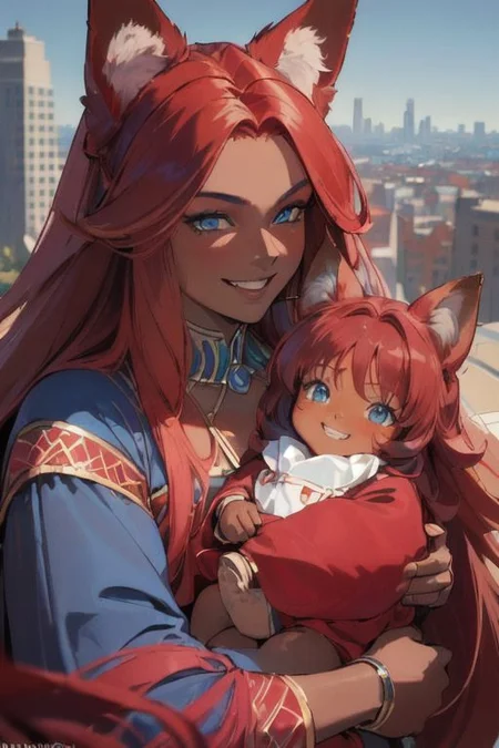 (masterpiece, best quality:1.5), (ultra realistic:1.5), (8k uhd, very high quality:1.5), (extremely detailed face:1.5), (dark skin and muscular mother with blue eyes and ruby red hair holding her dark skin female child:1.5), (dark caramel skin:1.5), (absurdly long ruby red hair:1.5), (ruby red fox ears:1.5), (smiling and happy:1.5), (bright blue eyes:1.5), (city background:1.5)