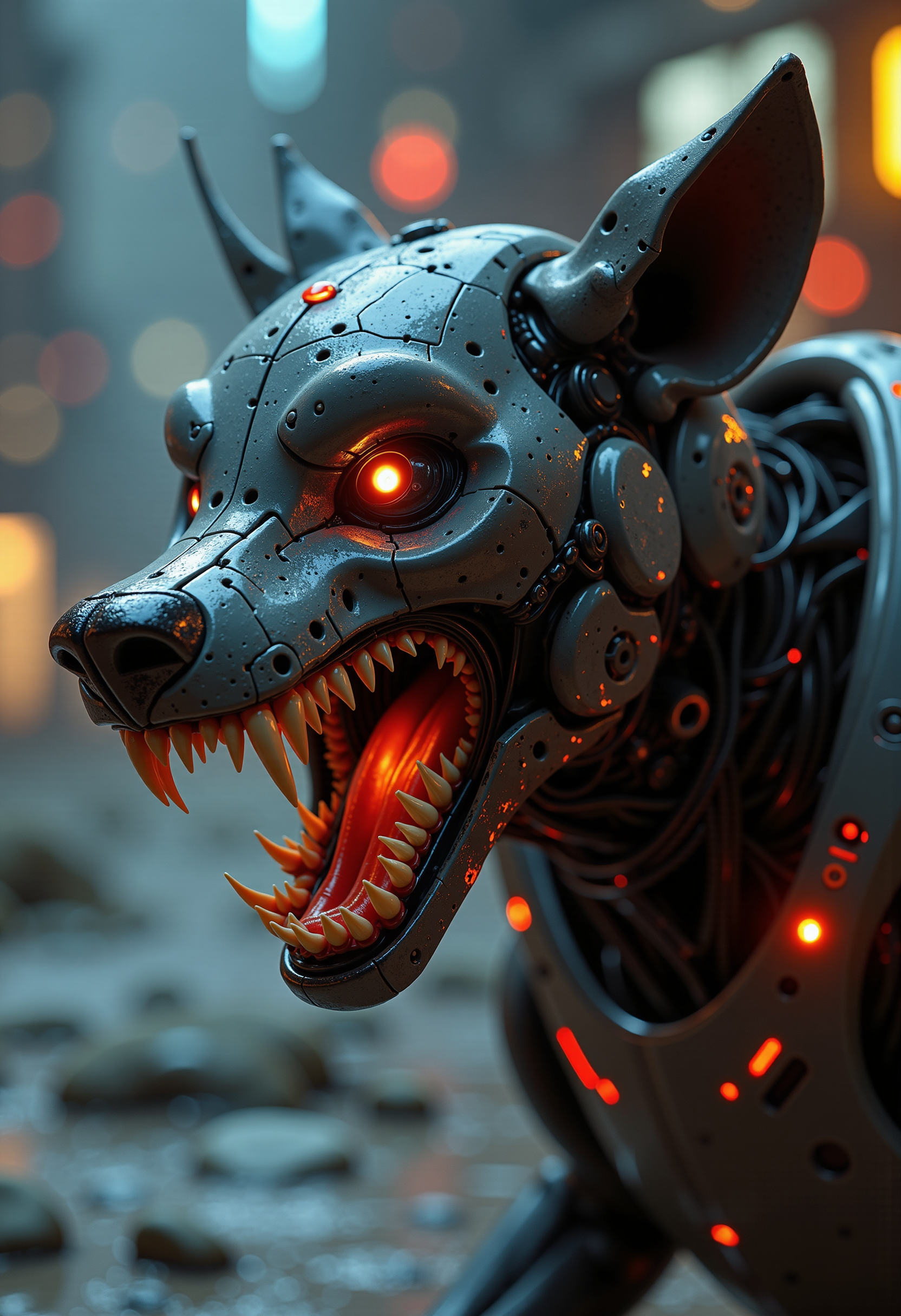 in the style of ck-ncr, a dangerous hyena with its mouth wide open and its sharp teeth visible. His half face contains black ceramic parts. The hyena is a plastic cyborg, the mechanical parts of the robot are visible inside, the cyborg is very sinister and dangerous. Cyborg parts are dark gray and red. Some parts of his body also glow orange. He is in a cyberpunk night city, crawling the streets.  The cyborg hyena tries to avoid the gun bullets by jumping, as in the matrix film, the gun bullets appear in front of him in slow motion. 