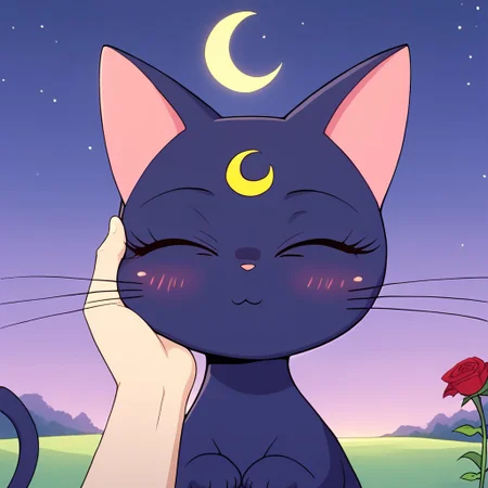 score_9_up, score_8_up, cat, furry, anime, Night, Field of Roses, whiskers,  
Luna, A cat, anatomically correct, Animal, She has short dark purple fur, brown eyes and a golden crescent moon on her forehead, elegant, blush, closed eyes, kissy mouth, beautiful mouth, incomming kiss, pov kiss, human hand on her cheek,