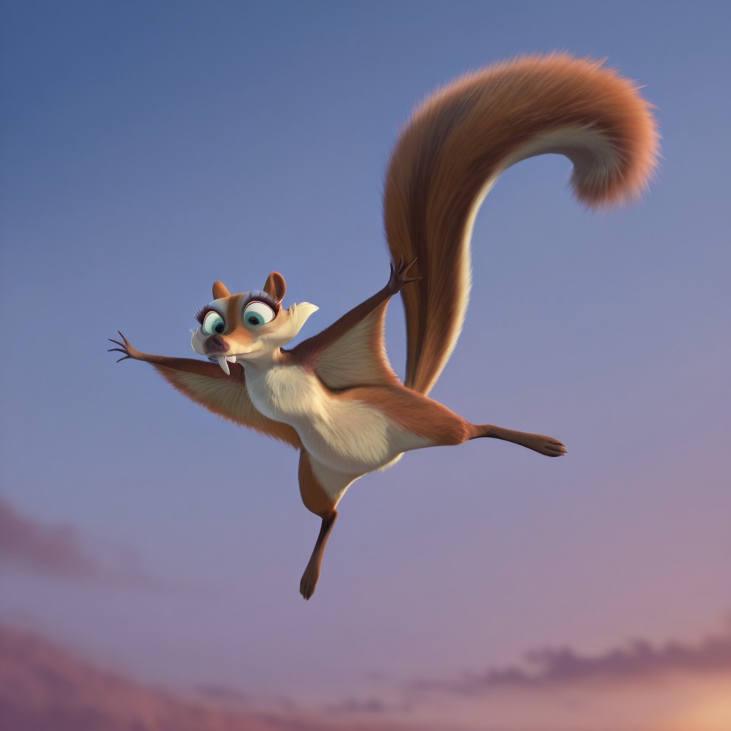 masterpiece, best quality, amazing quality, Scrattedotdil, feral, female, squirrel, orange-brown fur, green eyes, blue eyeshadow, saber tooth, outside, standing, outstretched arms, winged arms, solo, 1girl, flying, sky