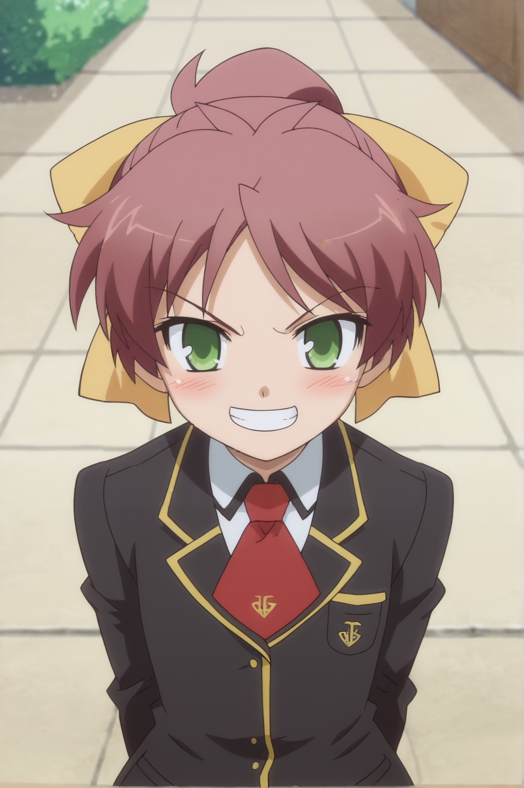 score_9, score_8_up, score_7_up,anime_source, source_anime, best background, detailed background, anime screencap,  Minami, 1girl, blush, hair ribbon, smile, solo, grin, cowboy shot,  from above, tsundere,  school uniform, squatting,  <lora:Minami_Shimada:0.8>