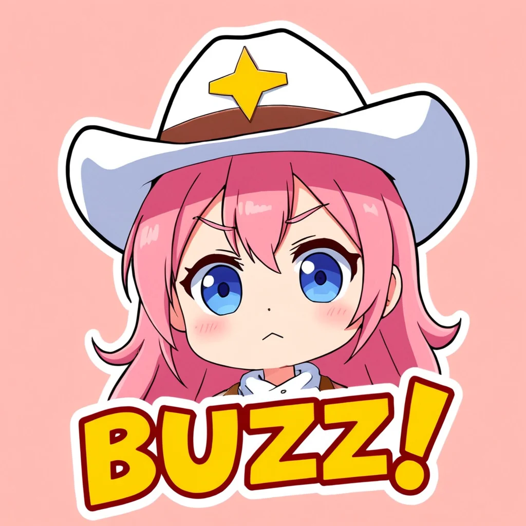 emoticonstyle, 'BUZZ!" text in red bubble letters, solo, 1girl, upper_body, pink_hair, white_background, blue_eyes, cowboy_hat, cute, <lora:EmoticonStyle:1>