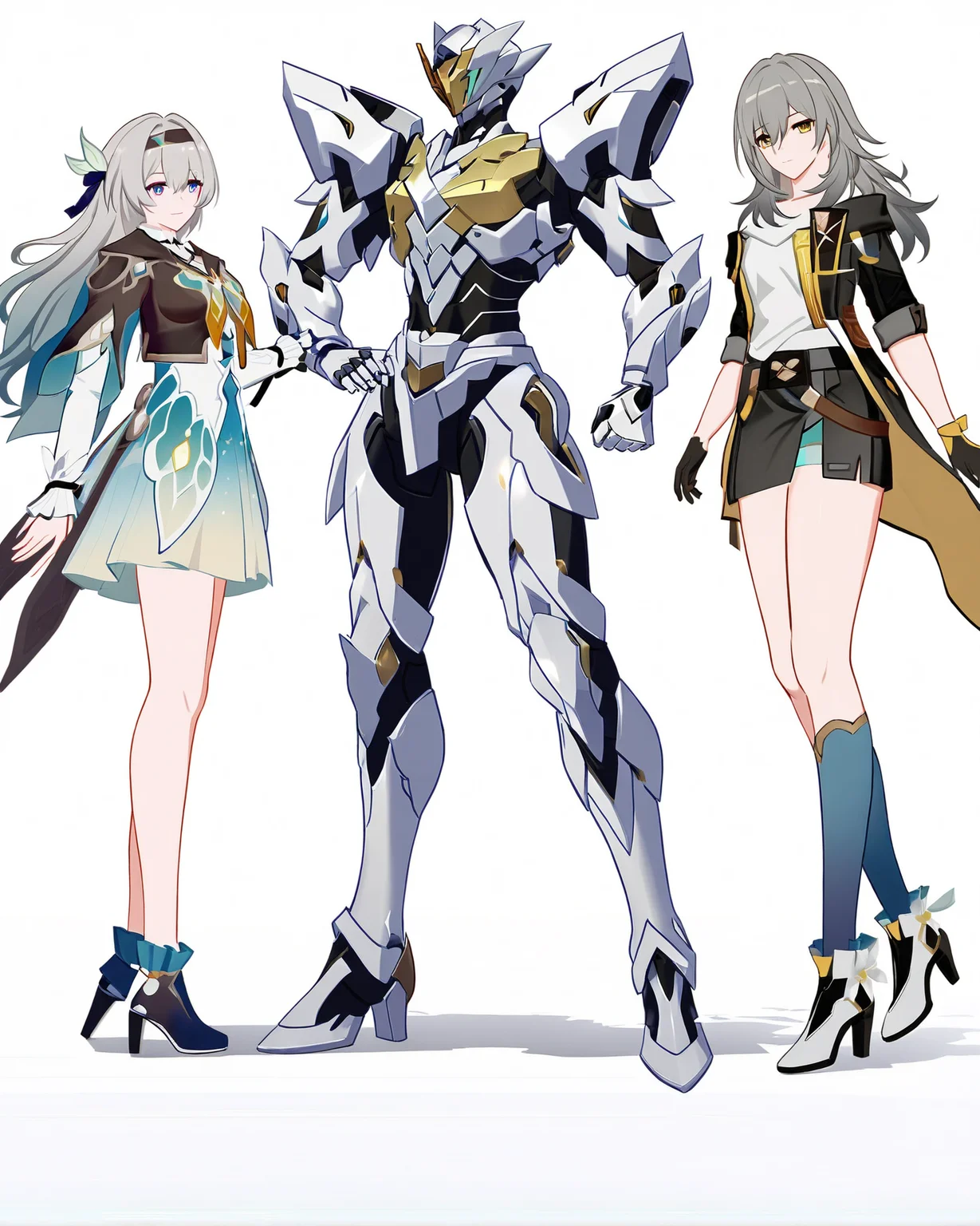 (8k:0.9), best quality, masterpiece, (ultra-detailed:1.2), (high detailed skin), full body, white background,
<lora:LKtrain-kohaku-Tanger-000010:0.8>, 1 Sam /\(honkai: star rail/\) and 1 Firefly /\(honkai: star rail/\) and 1 stelle /\(honkai: star rail/\), 2girls and 1 robot, 3 anime characters standing next to each other,