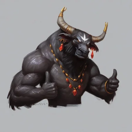Score_7_up, score_8_up, detailed, upper body, 
BREAK,
Sarangay, no pupils, earrings, monster, water buffalo, wide horns, necklace, jewel earrings, (thumbs up), simple background,