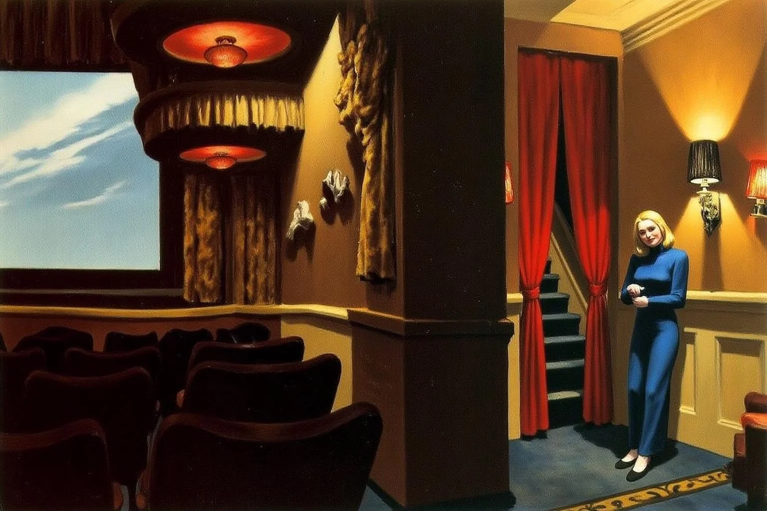 edwardhopper1 painting.
A movie theater. On the left, there are rows of seats facing a screen. Above, red-lit ceiling fixtures are visible. On the right, a blonde woman in a blue outfit stands near a wall with stairs covered in red curtains. <lora:edwardhopper1_cap_d8a4e11:1.0><lora:847364983690898051:0>