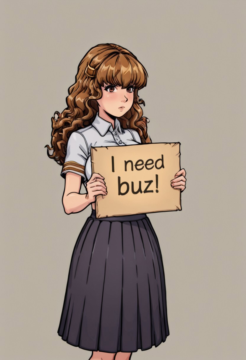 witchtrainerstyleil, brown hair, large breasts, long hair, curly hair, pleated skirt, wavy hair, brown eyes, hair ornament, long skirt, need_buzz,holding sign, score_9, score_8_up, score_7_up