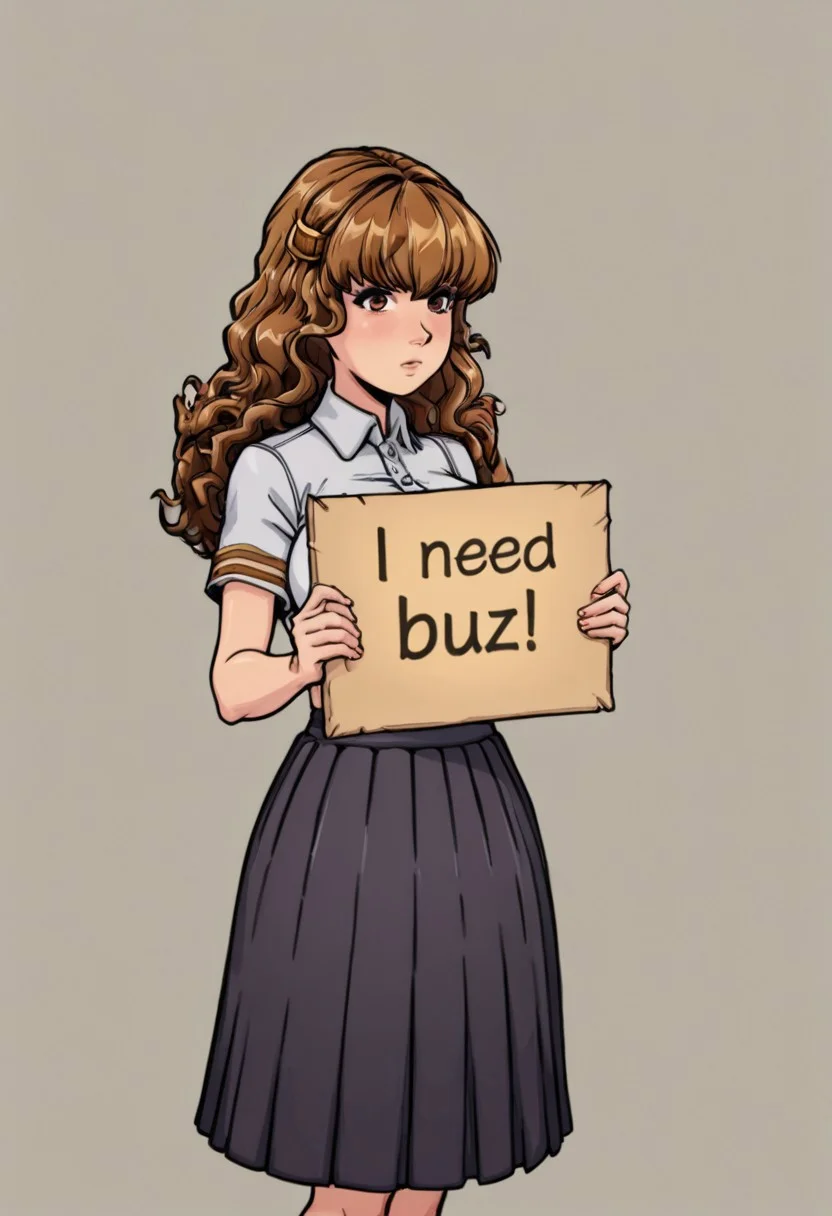 witchtrainerstyleil, brown hair, large breasts, long hair, curly hair, pleated skirt, wavy hair, brown eyes, hair ornament, long skirt, need_buzz,holding sign, score_9, score_8_up, score_7_up