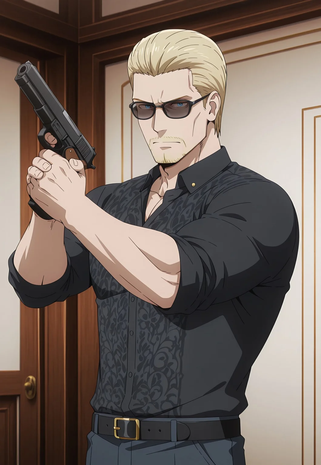 animification, anime screencap, source_anime, solo, cel shading, (1boy, bara, daddy, dilf, mature male, manly, masculine, muscular, albert wesker \(resident evil\), short hair, blonde hair, slicked back hair, sunglasses, casual outfit,) mission, holding a pistol gun, dynamic pose, looking at viewer, masterpiece, best quality, absurdres, newest, perfect quality, best quality, absolutely eye-catching, detailed background, intricate details