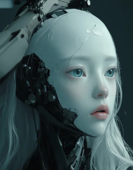 Cinematic photo of engineers building a humanoid woman, half robot, half human, inside a futuristic workshop. She has delicate, angular features and luminous, almost ethereal white porcelain skin. Her large, almond-shaped eyes are a striking shade of flame blue, framed by long lashes. She has sleek, waist-length hair, silken and silver white, cascading in gentle waves down her back. She looks like a fashion model. Focus on the girl, shadow and light, Masterpiece, intricate lines, intriguing atmosphere, sharp magnificent details, delicate features, elaborate details, (2/3 rule composition:0.5), ultra detailed, romantic, Rembrandt lighting, brush stroke, lovely, del1cate_balance style, novuschroma, in the style of Rembrandt. FS, vantablack <lora:style_of_Rembrandt_FLUX_135:.8> <lora:- Flux1 - vanta_black_V2.0:.6> <lora:Delicate_Balance:.3> <lora:neeeg_f1:-1> <lora:113_novuschromaFLX_1:.3> <lora:Midjourney_Whisper_Minimal:.4> <lora:SCI_FACTOR_COREV2:.9>