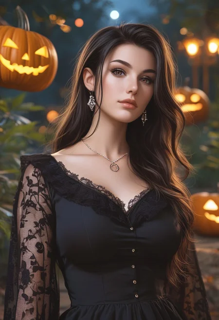 score_9, score_8_up, score_7_up, score_6, ultra detailed, side view, whr0b1n
BREAK
A witch in a long black dress stands by a altar in the forest. her long hair catches the night breeze moving through the ancient forest. magic bats fly in the air. a pentagram glows on the ground below her. sheis casting Pumpkin spell. candles and crystals cover the altar.
BREAK
minomi, one beautiful girl, yen_w3, mature female, femme fatal, milf, perfect hands, brown eyes, long black hair, pentagram necklace, black thighhighs, lace thighhighs, thick, curvy, reij-bewitched, modern magician interior, alchemist interior, gothic, night, neon light, dark dimmed light, looks at the viewer, (floating pumpkins:1.2), upper body, (front view:1.2), from below, reij-drkrt, dark colored shadow, neon details, low contrast, (purple color grading), <lora:reij-darked:0.5>
(((((upper body))))), dynamic pose
<lora:Dynamic Poses:1>
<lora:detailed_notrigger:1>
(((full clothed)))
<lora:DandonFuga_Style_v.2_-_Pony:0.8>