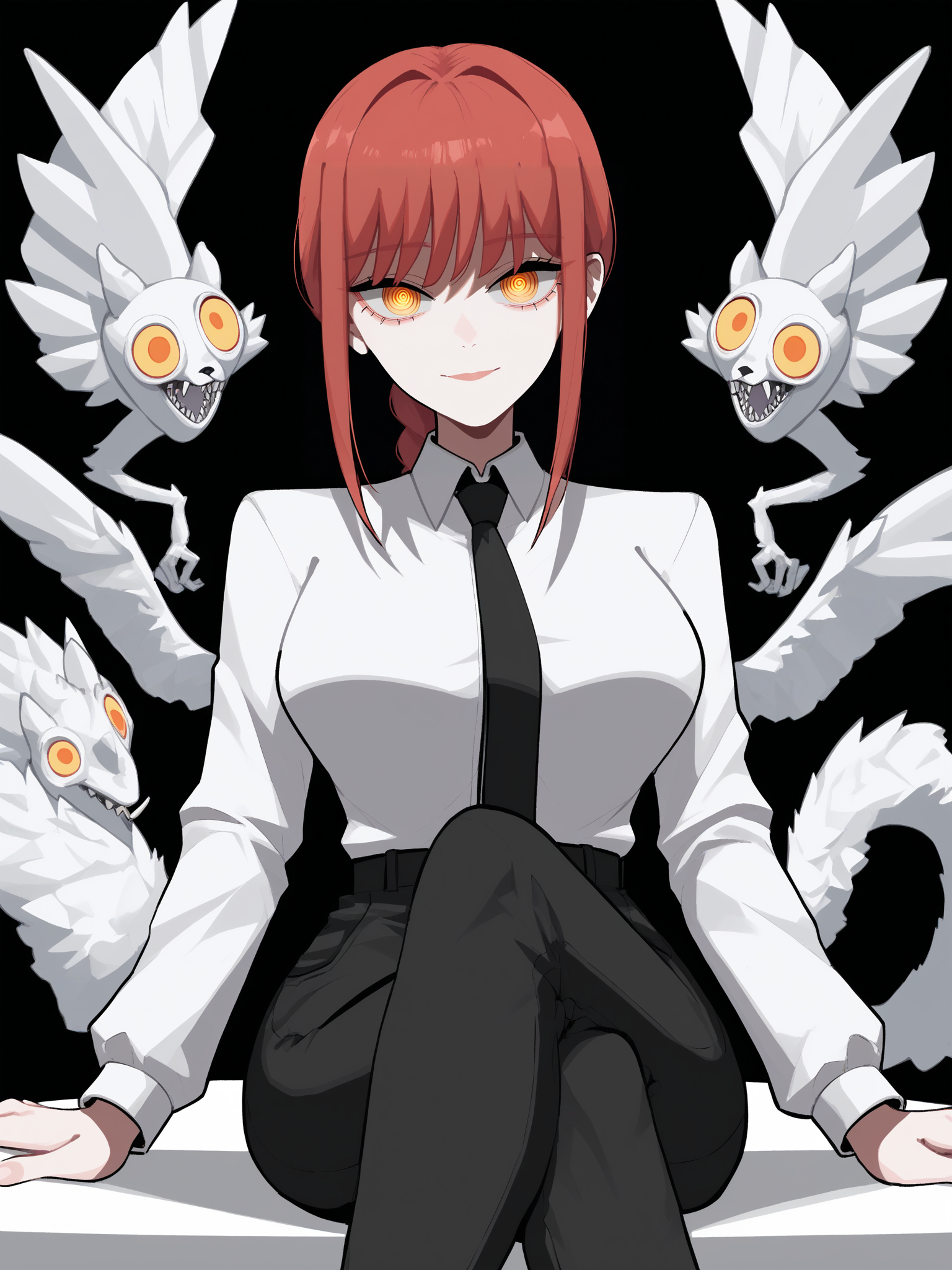 score_9, score_8_up, score_7_up, score_6_up, score_5_up, score_4_up,
BREAK
makima \(chainsaw man\), red hair, yellow eyes, braid, looking at viewer,
BREAK
sitting, crossed legs, large breasts, white collared shirt, black pants,
BREAK
black background, <lora:Lunas-MinLona-SDXL-A1:1>
