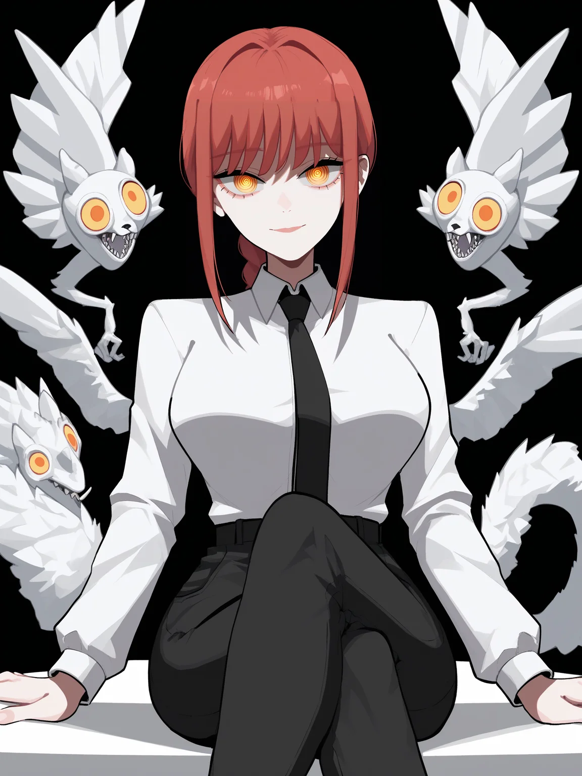 score_9, score_8_up, score_7_up, score_6_up, score_5_up, score_4_up,
BREAK
makima \(chainsaw man\), red hair, yellow eyes, braid, looking at viewer,
BREAK
sitting, crossed legs, large breasts, white collared shirt, black pants,
BREAK
black background, <lora:Lunas-MinLona-SDXL-A1:1>