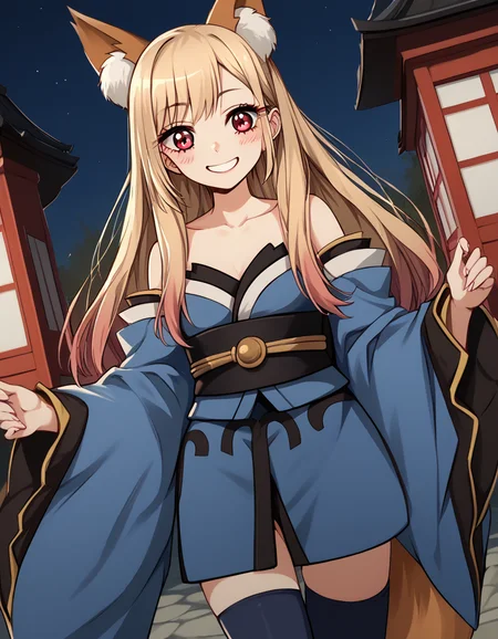 score_9, score_8_up, score_7_up, source_anime, marinkitagawa, <lora:marin-kitagawa-ponyxl-lora-nochekaiser:1>, marin kitagawa, long hair, bangs, blonde hair, red eyes, multicolored hair,, <lora:tamamo-no-mae-cosplay-ponyxl-lora-nochekaiser:1>, tamamonomaecosplay, tamamo no mae \(cosplay\), animal ears, bare shoulders, blue kimono, blue thighhighs, detached sleeves, fox ears, fox tail, japanese clothes, kimono, obi, sash, collarbone, thighhighs, wide sleeves,, shrine, smile, blush,, cowboy shot, dutch angle, solo,