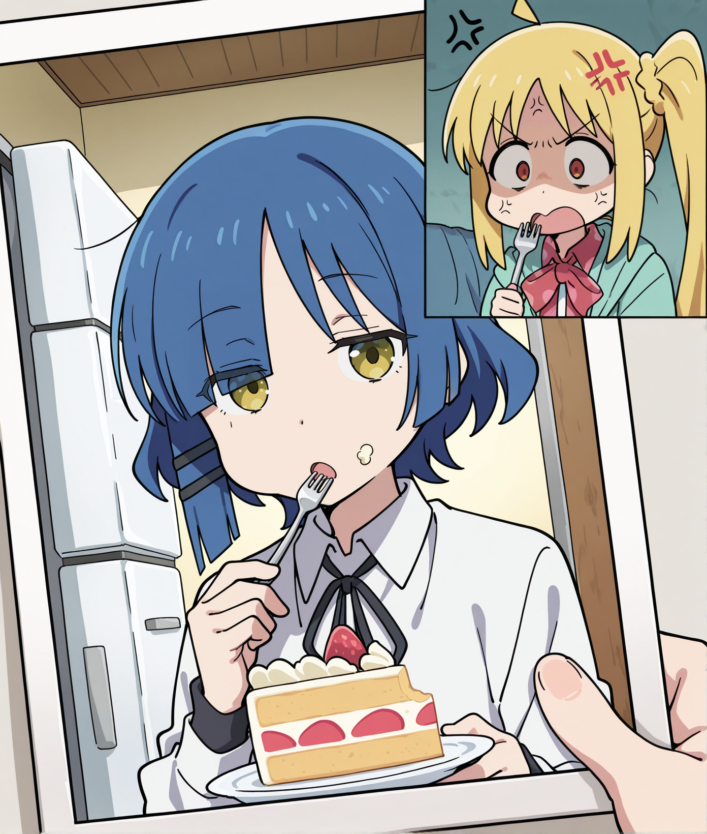 masterpiece,best quality,high quality,amazing quality,absurdres,highres,very aesthetic,ultra detailed,
anime screencap,anime coloring,
<lora:secret_photo_challenge_illustrious_r2:1>,secret photo,
BREAK 1girl,yamada ryo,expressionless,in picture,sitting,eating cake,holding fork,open mouth,refrigerator,refrigerator interior,
BREAK ijichi nijika,holding picture,looking at picture,angry,anger vein,open mouth,