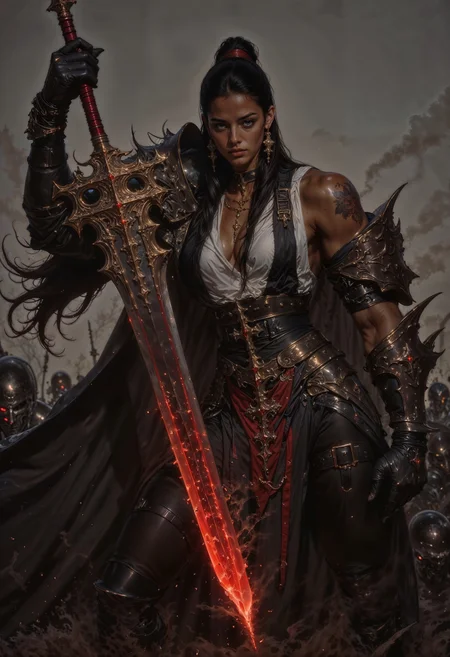 a strong, fit woman with a determined expression. She has medium brown skin and striking yellow eyes, with long flowing, dark hair that appears slightly wet or tousled. Her attire is a mix of medieval and fantasy styles, with a large, dark gray cloak that has red accents and a white undergarment visible beneath. She wears large, gold hoop earrings and a necklace with a small pendant. A tattoo is visible on her right shoulder. The woman is holding a large, ornate sword with a glowing red blade, suggesting a magical or fiery element. The background is a battlefield
<lora:flux.1_lora_flyway_Epic-detail_v2:0.85> <lora:FluxMythAn1meL1nes:0.8> <lora:MoriiMee_Gothic_Niji_Style__FLUX_LoRA_Test_2:0.65>