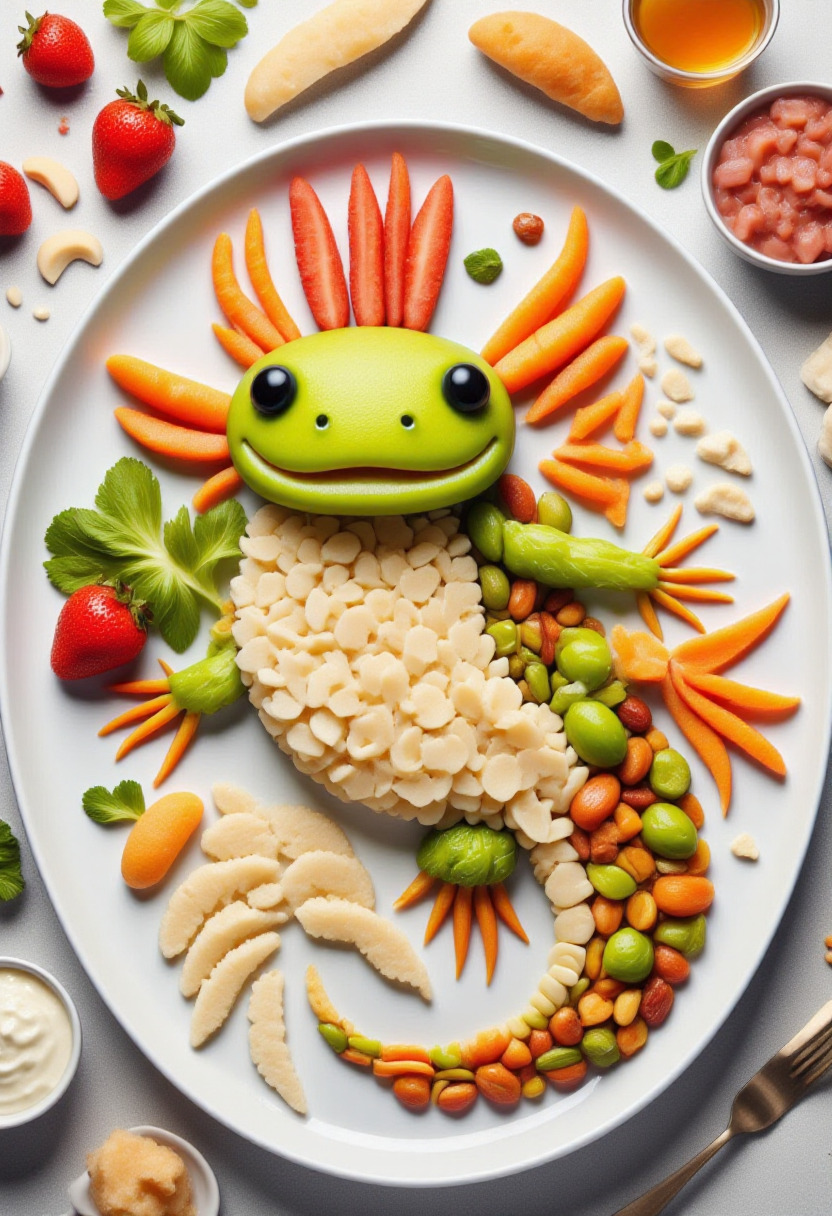 <lora:Food_Formations_FLUX-000016:1><lora:axomodelv2:0.8>
This is a photograph showcasing a meticulously arranged plate of food art, designed to resemble an axolotl.