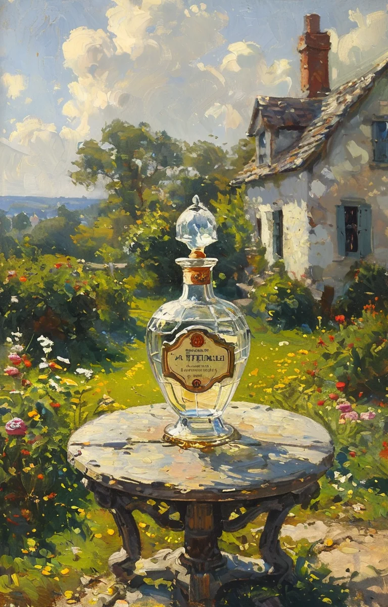 masterpiece,best quality,<lora:tbh209-sdxl:0.9>,illustration,style of Anthony Thieme A bottle of perfume in garden