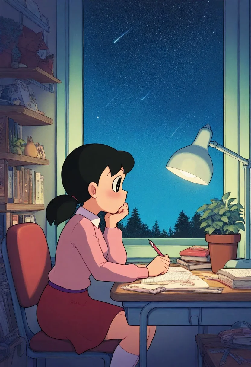 masterpiece, best quality, amazing quality, very aesthetic, absurdres,
1girl, minamoto shizuka,
valentine, hearts decoration, heart clothes,
zzLofi, sitting, side view, desk, chair, book, bookshelf, head rest, holding, holding pen, lamp, night, open book, pen, plant, potted plant, sky, star (sky), starry sky, window, windowsill, writing,