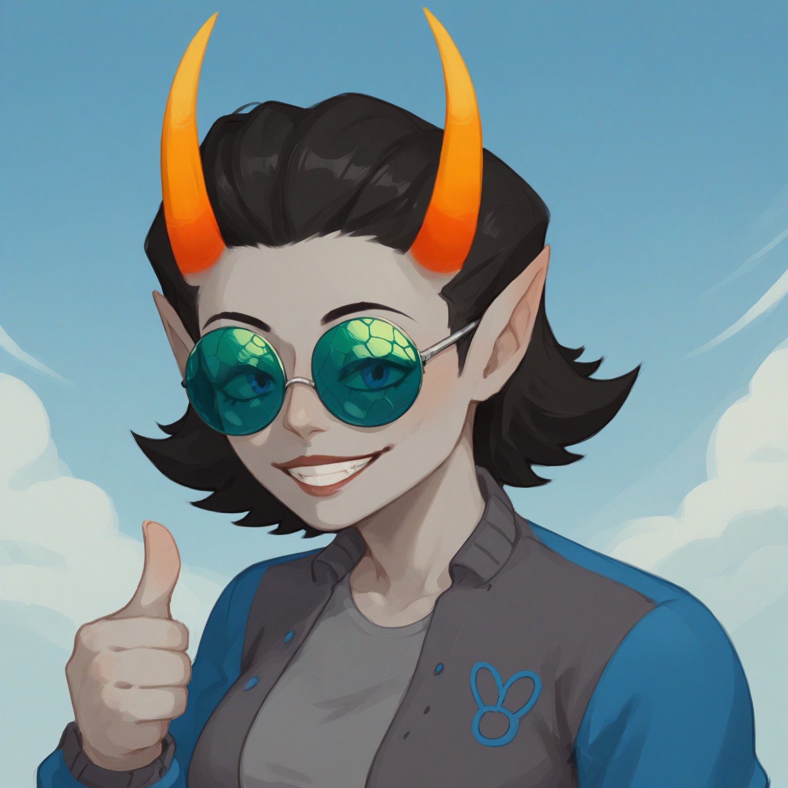 score_9, score_8_up, score_7_up, HD, best quality, masterpiece, 1girl, solo, muscah, black hair, short hair, horns, antennae horns, pointy ears, coloured skin, grey skin, coloured sclera, blue eyes, round sunglasses, tinted eyeswear, insect wings, large breast, wide hips, grey shirt, letterman jacket, symbol on jacket, fly \(symbol\), tight pants, jeans, sneakers, smile, grin, adjuststing glasses, thumbs up, portrait, close up, sky background