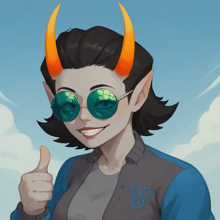 score_9, score_8_up, score_7_up, HD, best quality, masterpiece, 1girl, solo, muscah, black hair, short hair, horns, antennae horns, pointy ears, coloured skin, grey skin, coloured sclera, blue eyes, round sunglasses, tinted eyeswear, insect wings, large breast, wide hips, grey shirt, letterman jacket, symbol on jacket, fly \(symbol\), tight pants, jeans, sneakers, smile, grin, adjuststing glasses, thumbs up, portrait, close up, sky background