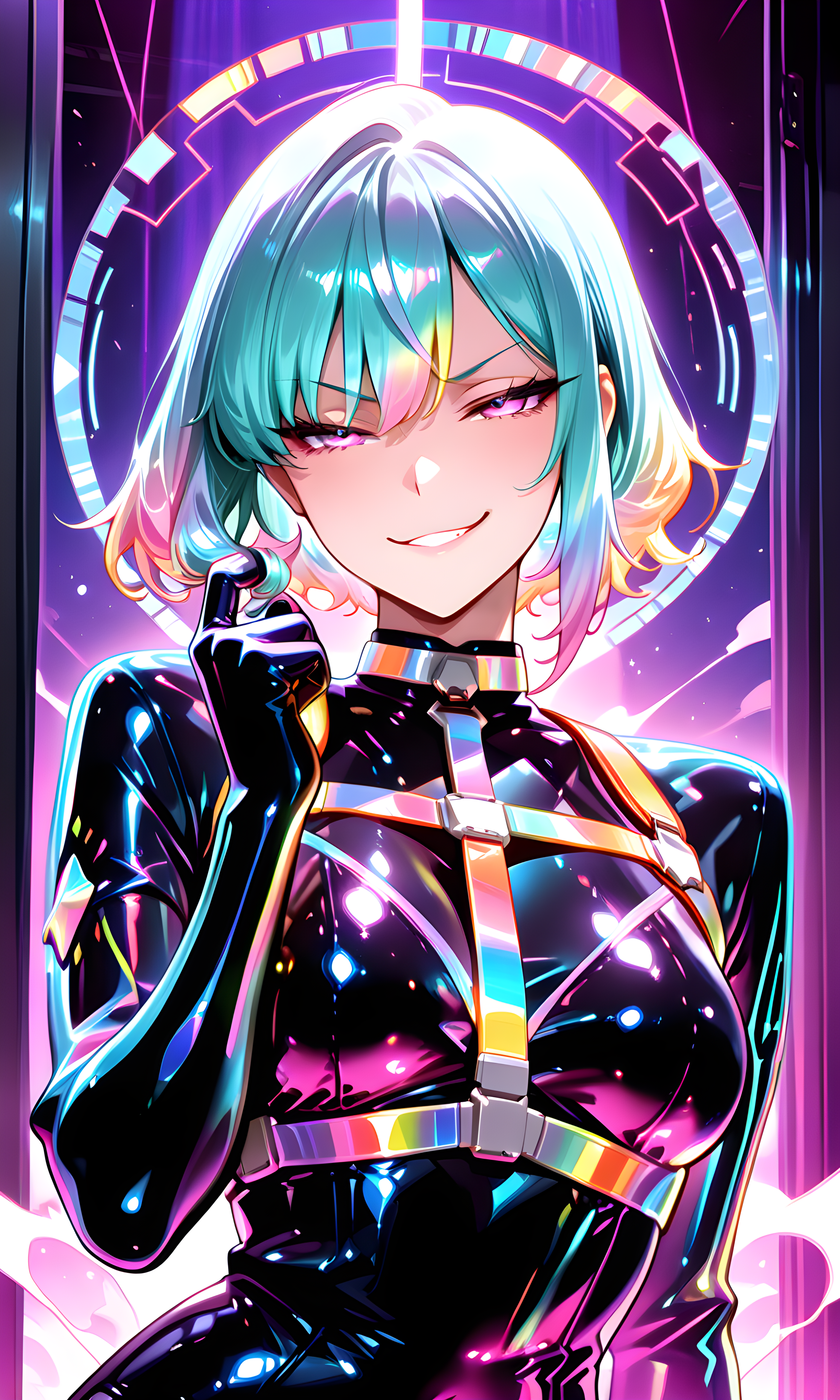 1girl, solo, Dark club booth with laser beams, Neon body harness over sheer top, Twirling hair with a playful smirk, Holographic projection patterns, Particle dust and sparkles, Holographic prism flares, 8K, highly detailed, ultra textural, masterpiece