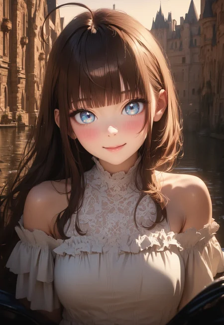embedding:urn:air:sd1:embedding:civitai:222256@250708, masterpiece, 1 girl, beautiful girl, smile, close up, detailed face, detailed eyes, detailed pupils, round pupils, blue eyes, brown hair, long hair, bangs, equal length bangs, small ahoge, bare shoulders, blush, medium breasts, white dress, frilly dress, looking at viewer, fantasy, european, castle in background, architecture, outdoors, best quality, high res, ultrasharp, high detail, sharp focus, dramatic, beautiful lighting, real life, intricate, caustics, subsurface scattering, reflections, (photorealistic:1.5), (ulzzang-6500:0.5), (RAW photo, 8k uhd, film grain)