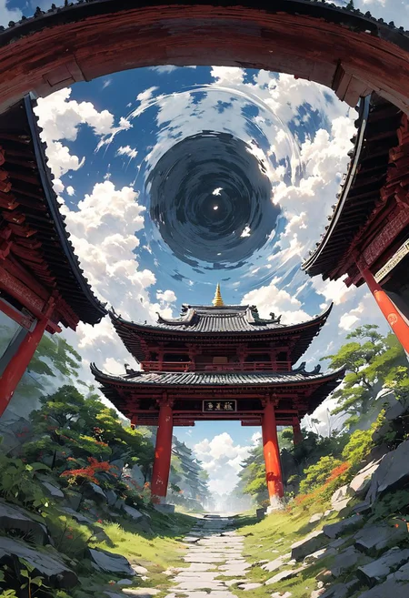 sky, pagoda, temple, gate, torn pants, human, forehead marks, blur, plants, floating, Spirited Away