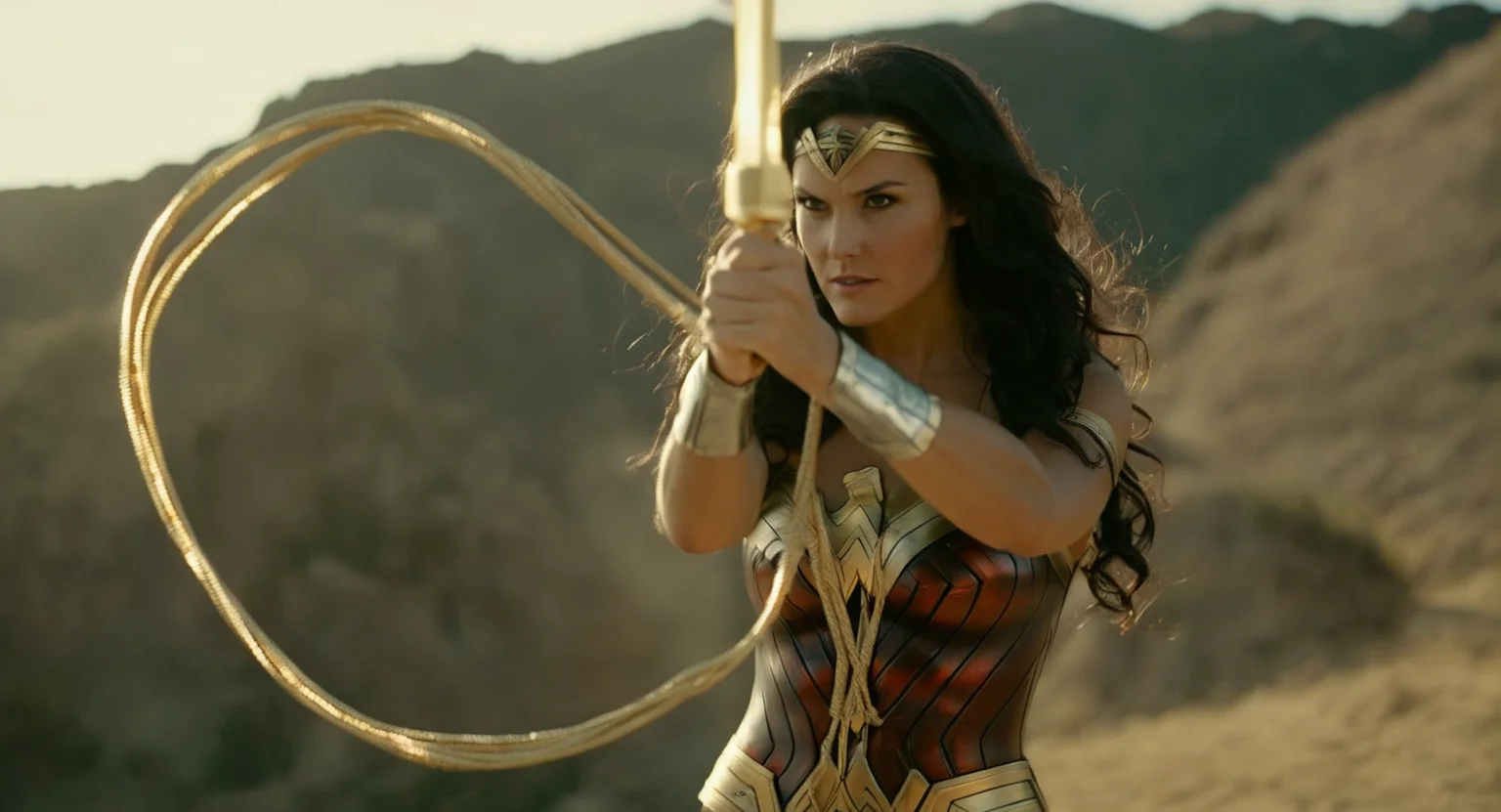cinematic film still of Cinematic Film stock footage in (arri alexa style) Kodak film print, <lora:Wonder Woman:1> Wonder Woman 1 woman in a Wonder costume professionally holding a shiny golden Perfect Lasso , shallow depth of field, vignette, highly detailed, high budget, bokeh, cinemascope, moody, epic, gorgeous, film grain, grainy