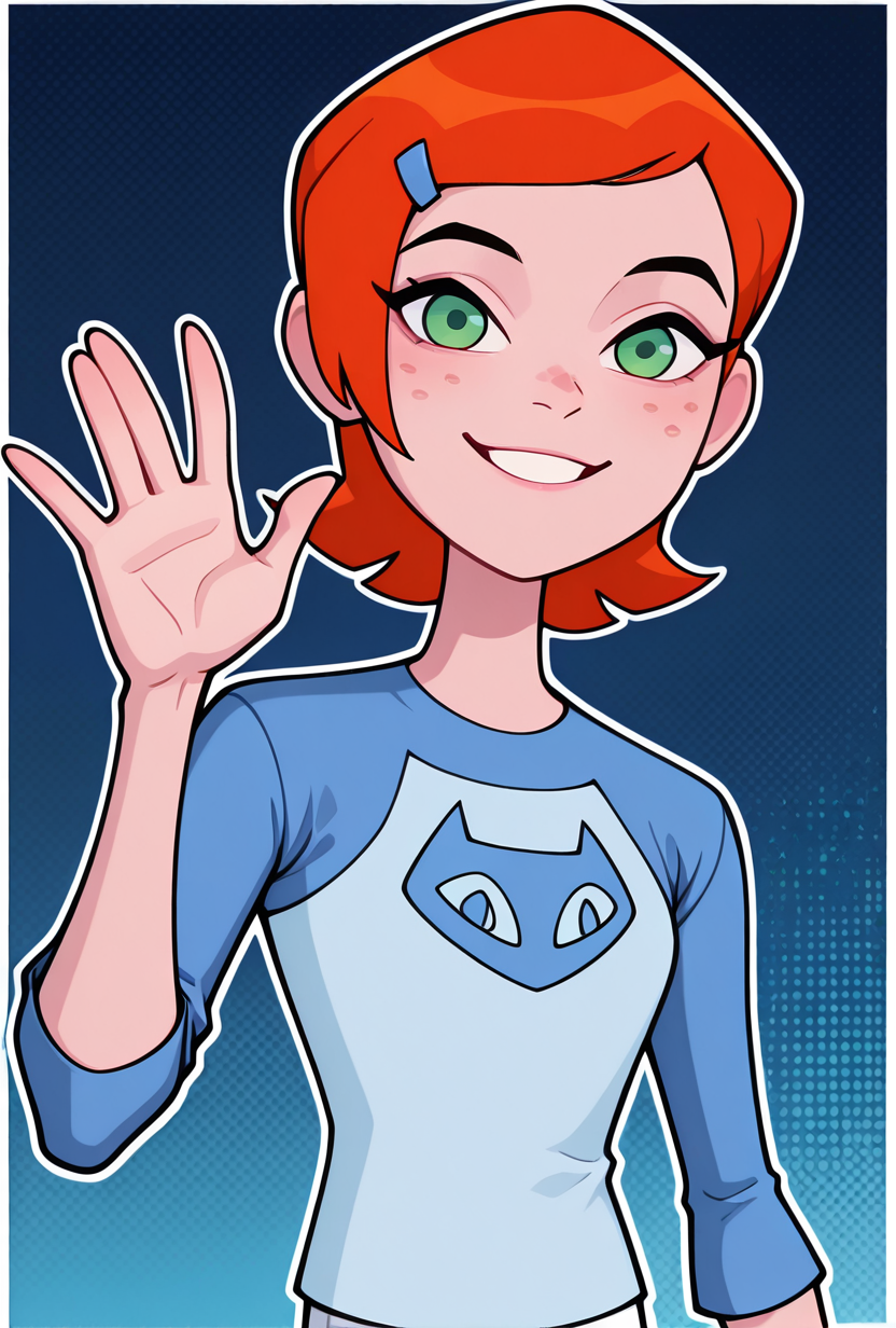 ((cartoon, screencap, halftone effect, white borders, abstract background:1.2,,))   <lora:gwenov-10:1> gwenov, orange hair, 1girl, short hair, hairclip, green eyes, raglan sleeves, freckles, white pants, blue shirt, smile, blue background, looking at viewer, teeth, waving,, ((upper body, halftone effect, white borders, abstract background:1.2,)), masterpiece, best quality, amazing quality, very aesthetic, absurdres, newest,