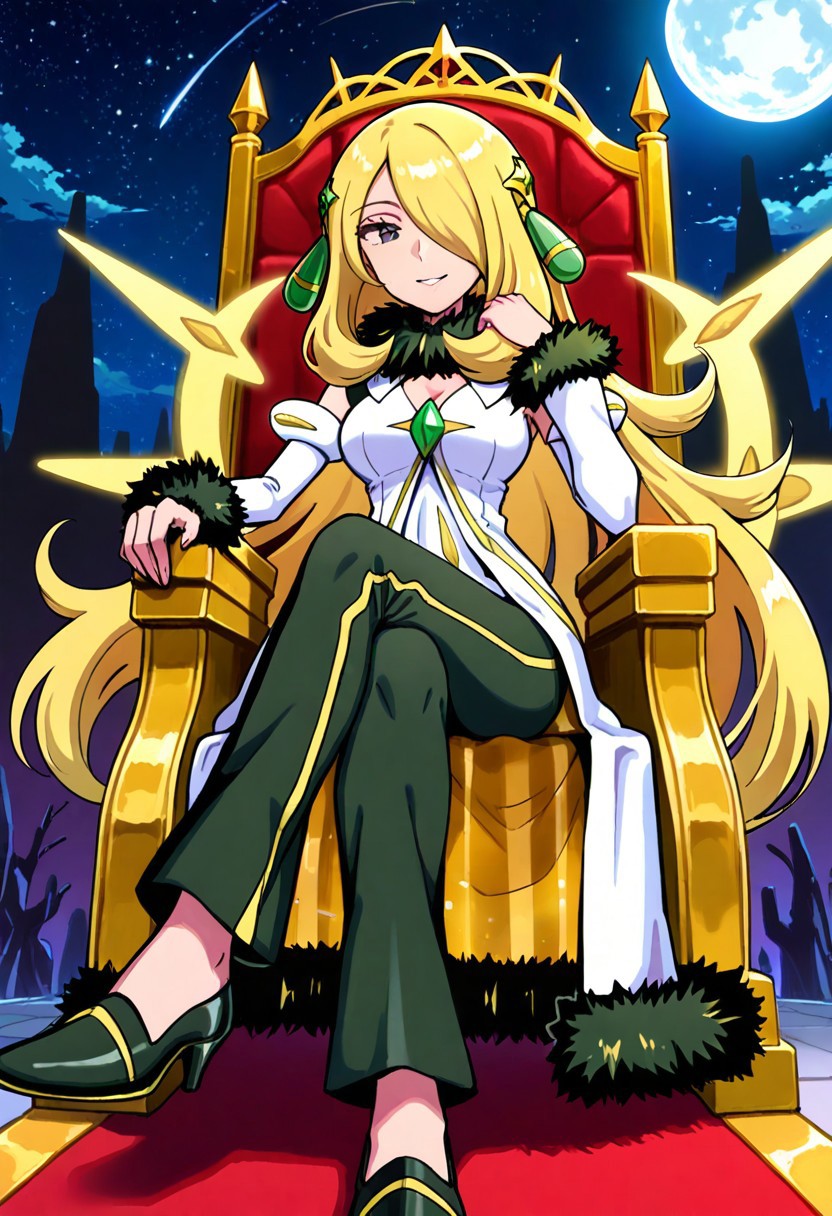 hinosaki, [leveen], (1girl), solo, sitting, on_throne, full-body, starry_sky, moon, night, smile, arccynthia, [[cynthia_\(pokemon\)]], very_long_hair, blonde_hair, hair_over_one_eye, grey_eyes, emerald_hair_ornament, deatached_sleeves, fur-trimmed_sleeves, white_coat, fur-trimmed_coat, black_fur_trim, white_sleeves, yellow_lining, fur_collar, black_pants, shoes, black_footwear, official_alternate_costume, yellow_light_wings, medium_breasts, masterpiece,amazing quality, very aesthetic, high resolution ,ultra-detailed, absurdres, newest