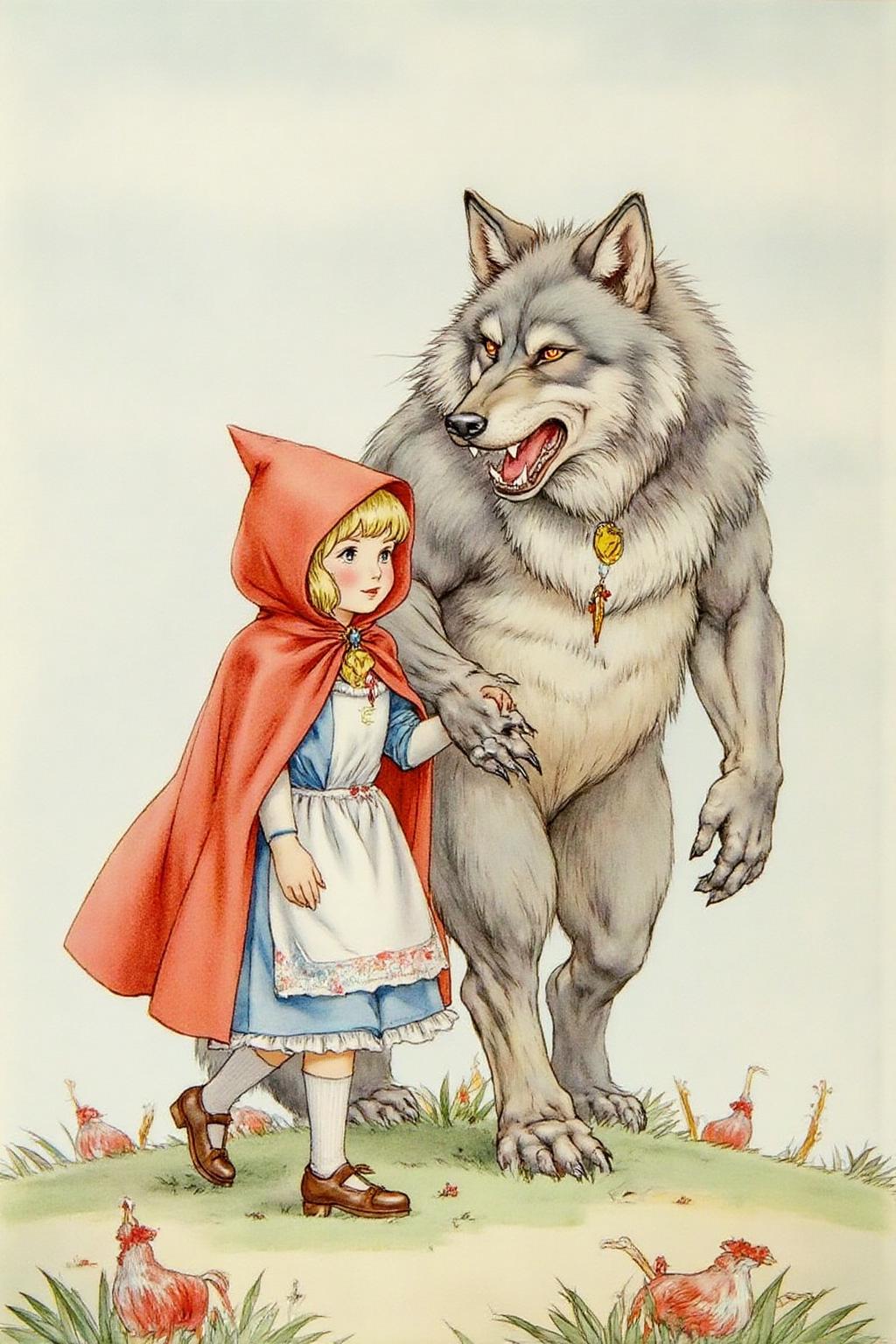detmo1d watercolor painting.
Little Red Ridding Hood walking alongside the Big Bad Wolf.  <lora:detmold1_cap_d6a3e13:1.0><lora:831798336450264921:0>