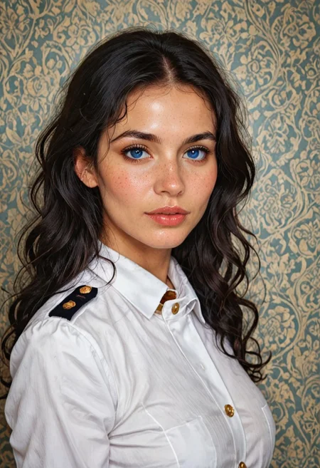 score_9, score_8_up, score_8_up, raw, 1girl, blue eyes, wavy hair, large breasts,beautiful woman ,SajaniDG,,black hair ,seductive,white Navy uniform , (masterpiece) (best quality) (detailed) (8k) (HDR) (wallpaper) (cinematic lig,oil paintinghting) (sharp,zPDXL3 focus) (intricate)