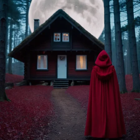 cinematic film still of <lora:Little Red Riding Hood style:1.2>
Little Red Riding Hood a woman in a red cloak is standing in front of a wooden house in red forest woods with big full giant moon in background Full Shot Little Red Riding Hood Style, shallow depth of field, vignette, highly detailed, high budget, bokeh, cinemascope, moody, epic, gorgeous, film grain, grainy