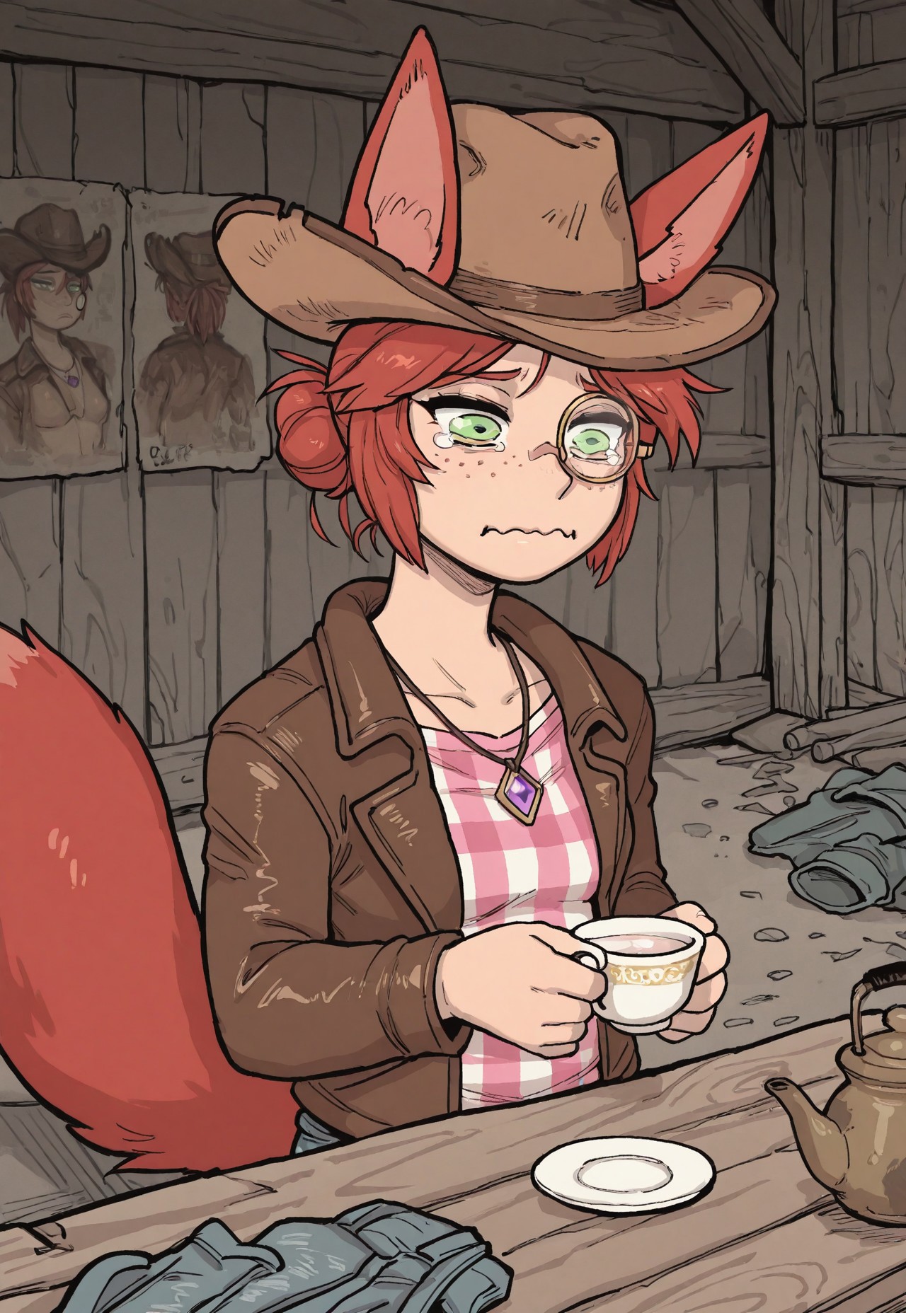 1girl, solo,
woman, fox woman, human fox hybrid, mutant,
masterpiece, best quality,
post-apocalypse, mix of science fiction and cowboy western, dieselpunk, atompunk, fallout \(series\), hatching \(texture\), 
karasuchan,
<lora:KarasuChanIllustriousXL_byKonan:0.9>
BREAK
skin, white face, (freckles),
detailed eyes, green eyes, emerald eyes, realistic eyes,
fox ears, sharp ears,
red hair, messy hair, hair style, fur on sides of head,
fox tail, thick tail,
pendant, crude purple crystal pendant, purple pendant,
small breasts,
trained, beautiful, tomboy
BREAK
cowboy hat, leather hat, large hat,
withered clothes, well-worn clothes
BREAK
beautiful eyes, necklace, ss-fnvcass-ill, pink checkered shirt, leather jacket, denim, <lora:aqua-about-to-cry-illustriousxl-lora-nochekaiser:1> crying aqua, crying aqua (meme), crying, tearing up, tears, wavy mouth, bar, sit, holding a tea cup, sober, white tea cup,british, monocle, monocle chain, black tea, teapot