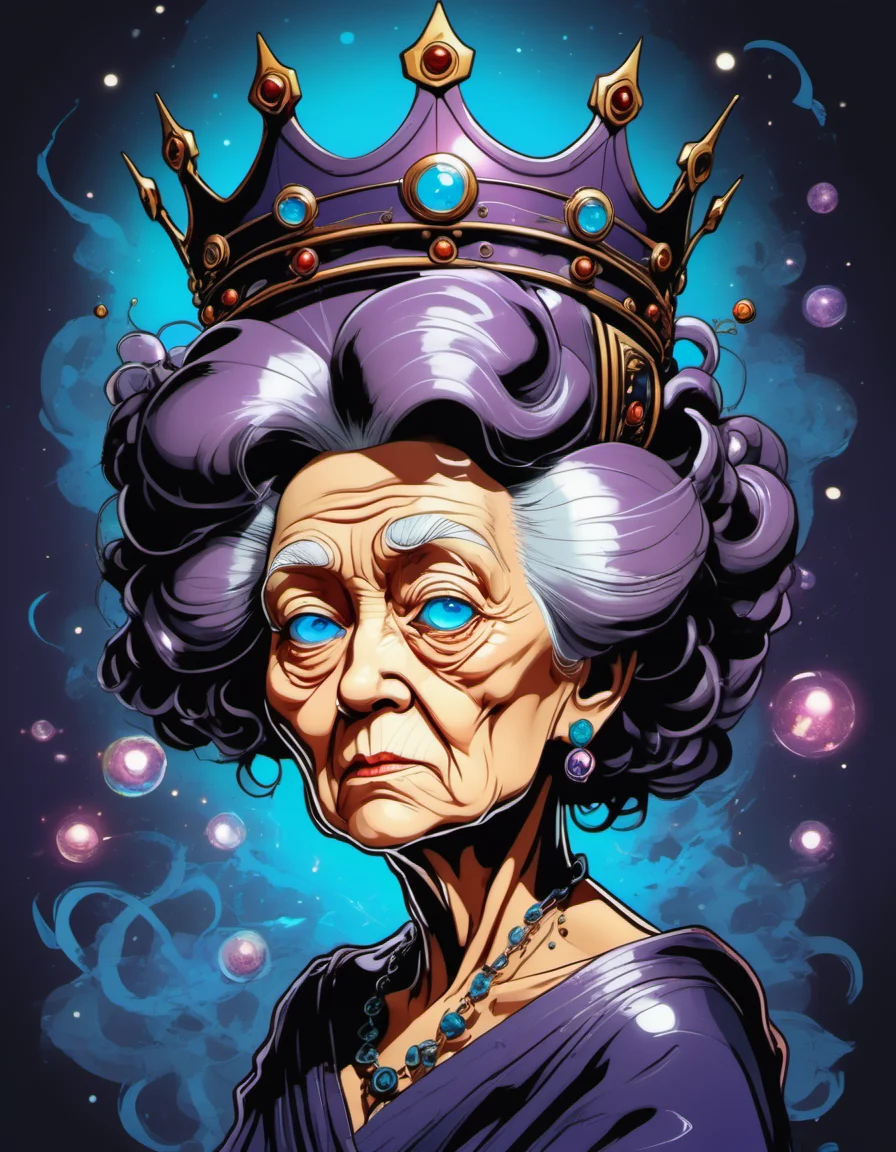 breathtaking vector cartoon illustration of Illuminescent, Linking, Violet, galactic, Yoshitaka Amano, Crushed, Film-Noir, Metaphysical, Catapulting, Helical Elderly lady with a regal demeanor, piercing blue eyes, and a crown of tight curls <lora:Vector cartoon illustration-000008:1>