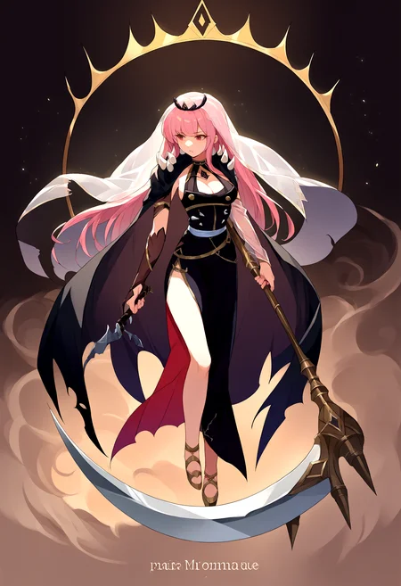score_9, score_8_up, source_anime, 1girl, solo, holding weapon, holding, weapon, Scythe, <lora:UBW_XLPD:1>, full body, 
[long hair, veil, tiara, long black sleeveless dress, cleavage, side slit, torn black cape, shoulder spikes, single black thighhigh, detached sleeves, see-through sleeve : <lora:ChamMoriCalliopePonyXL:1>, MoriBase, long hair, veil, tiara, long black sleeveless dress, cleavage, side slit, torn black cape, shoulder spikes, single black thighhigh, detached sleeves, see-through sleeve:12]