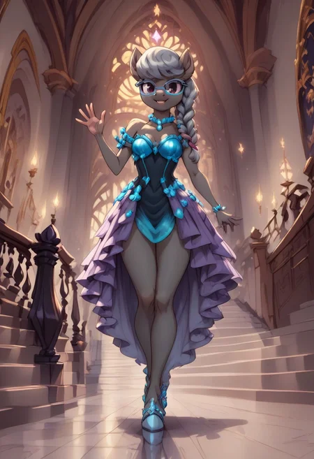 score_9, score_8_up, score_7_up, anthro,
(((Silver Spoon))),
facing viewer, front view, female focus, view from chesthight,
g5, pony, female, mare, tail, dock, solo, 1girl, highly detailed, beautiful, detailed eyes, detailed fur, beautiful eyes, (tall), ((perfect body proportions), (beautiful long legs), grey fur, grey skin,
small breasts, show accurate skin colour,
long hair, fluffy hair, biggest hair,
(((walking ((down)) a grand staircase))), (((waving to viewer))), ((happy, excited, smiling at viewer invitingly)),
(((wearing a beautiful, eyecoloured, bioluminescent, shoulderfree ballgown))), glowing ballgown,
BREAK,
highly detailed background, (((nighttime))), night
inside Canterlot castle, ballroom, ((grand staircase)), mirror marble floor, (((dimmed lights in the room))),