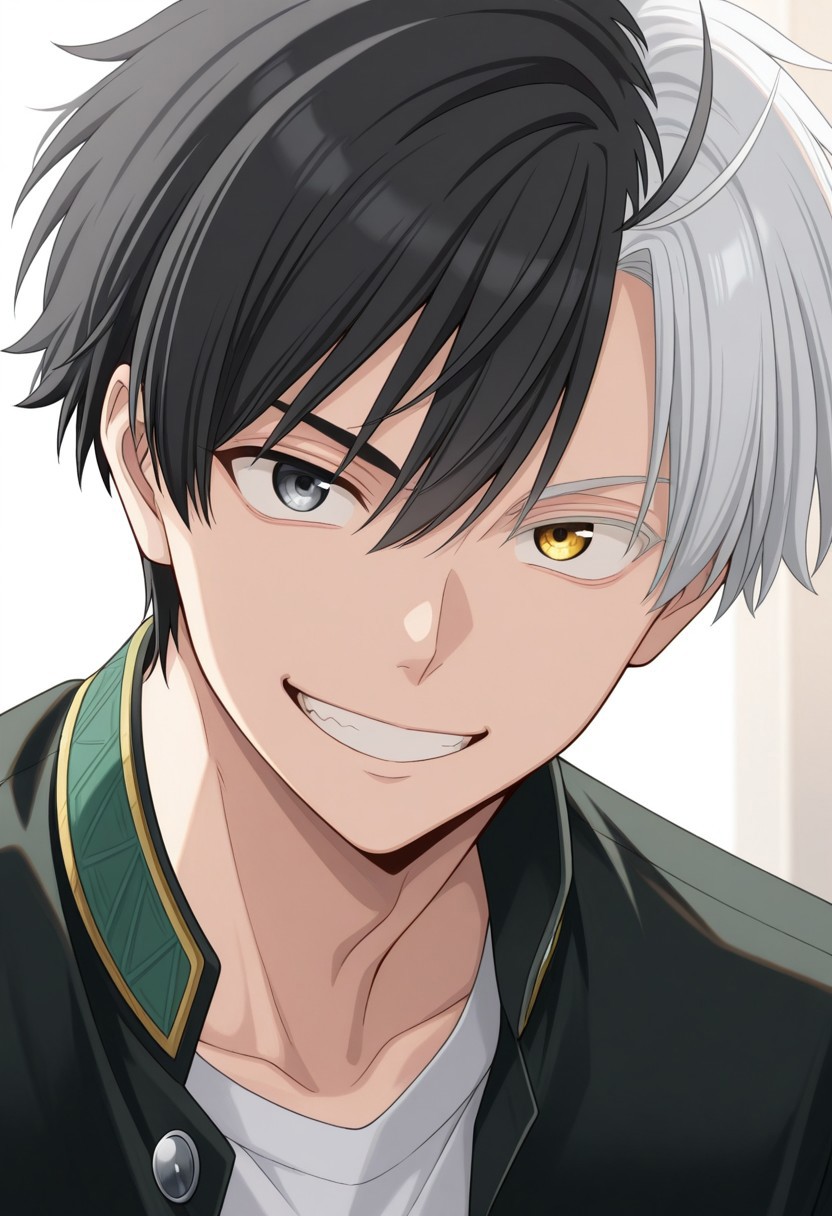 masterpiece,best quality,amazing quality, source_anime, 
sakuharuka, 1boy, male focus, solo, heterocromia, grey eyes, yellow eyes, split-color hair, black hair, white hair, school uniform, jacket, black jacket, smile, grin, portrait,