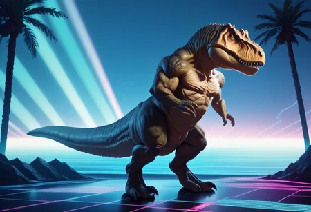 score_9, score_8_up, score_7_up, muscular dinosaur, full body, green tyrannosaurus, dramatic lighting, retrowave,