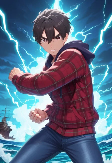 masterpiece, best quality, intricate details, (3d:0.4), , 1boy, solo, male focus, <lora:rentarou_aijou_ilxl:1>, rentarou_aijou, black hair, brown eyes, short hair, hair between eyes, bangs, stormy sea, crashing waves, towering ship, glowing lightning, battling pose, determined expression, chaotic energy, Cashmere Jeans, Plaid flannel hoodie, , ,