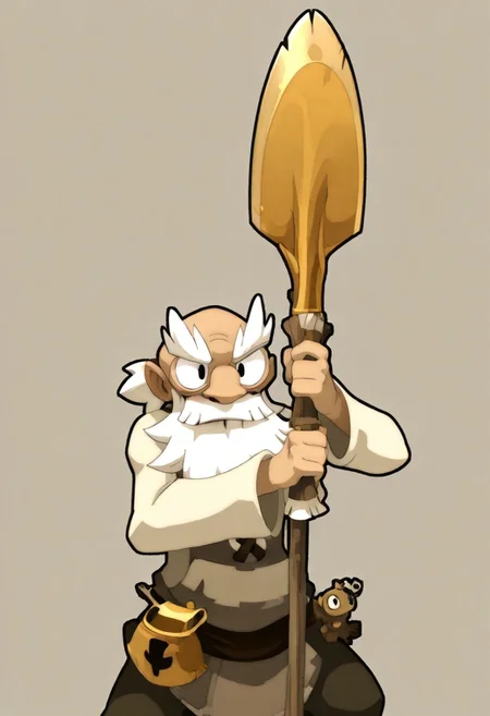 (WakfuMMOArt, black outlines, thick outlines), upper body shot, upper body only, ruel, 1 boy, solo, solo boy, old man, Enutrof, Male Enutrof, long sleeves, gray oversized shirt, wielding weapon, golden shovel, happy, battle stance, determined, simple background, masterpiece, best quality, very aesthetic,