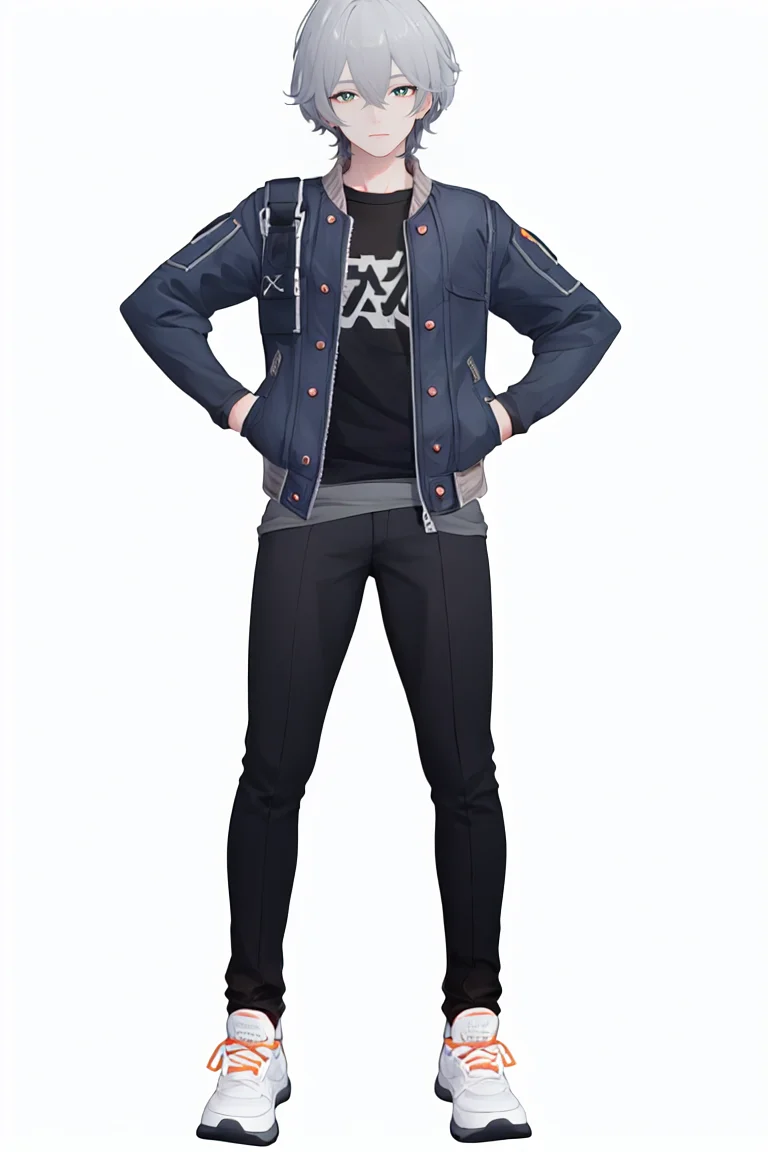 8k, best quality, masterpiece, (ultra-detailed), (high detailed skin),
(full body:1.25), (white background:1.5), (simple background), standing, looking at viewer, (solo:1.2), hands on hips,
<lora:zhe-lin-sd-Tanger:0.8>, zhe, zhe's clothes, 1boy, solo, male focus, jacket, sneakers, grey hair, pants, detailed eyes, green pupils,
