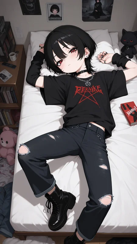 absurdres,masterpiece best quality, amazing quality,gishiki \(gshk\),lying, on back, arched back, (looking at viewer:1.5), 1girl, short hair, black hair, wolf cut, long bangs, red eyes, (narrowed eyes), blush, makeup, (black mascara), skinny, (petite:1.3), flat chest, Black shirt, oversized clothes, band shirt, arm warmers, black choker, denim pants, torn pants, Black pants, ankle boots, lace-up boots, chain necklace, nail polish, black nails, pentagram, ring, multiple rings, (jewelry:1.3), (goth fashion:1.3), stuffed animal, bedroom, bed, messy room, loaded interior, poster \(object\), <lora:edbf5063-436a-4d68-8f05-8904c4739082:0.7>, <lora:e9f3f5cc-3ec3-4b47-b8a9-c1cf70ef5f34:1.6>