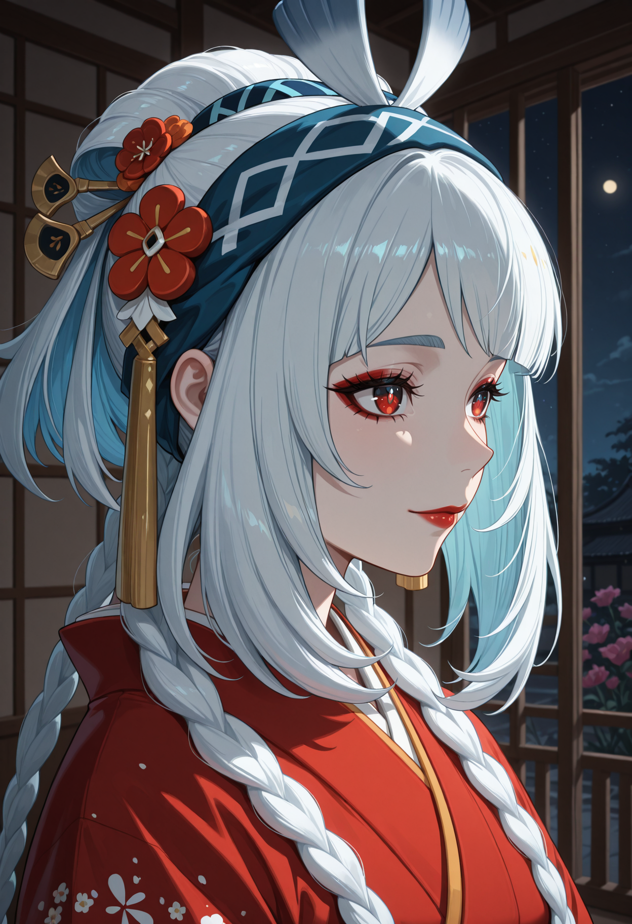 masterpiece, best quality, highres, absurdres, very awa, 1girl, solo, inaaum, white hair, twin braids, long hair, dark-skinned female, geisha, pale skin, makeup, red lips, nihongami, flower, kanzashi, hair ornament, japanese clothes, kimono, red kimono, portrait, indoors, looking ahead, red eyes, blue hairband, dark, shadow, night, lips, eyelashes, light smile, closed mouth