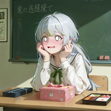 lazypos, character focused, anime girl, silver hair, long hairstyle, school uniform, white blouse, green ribbon, blushing face, nervous expression, sitting pose, classroom setting, bento box, handheld gift, comedic mood, awkward situation, soft shading, modern anime, expressive eyes, light background, subtle highlights, slice-of-life style, AkiFnStyle