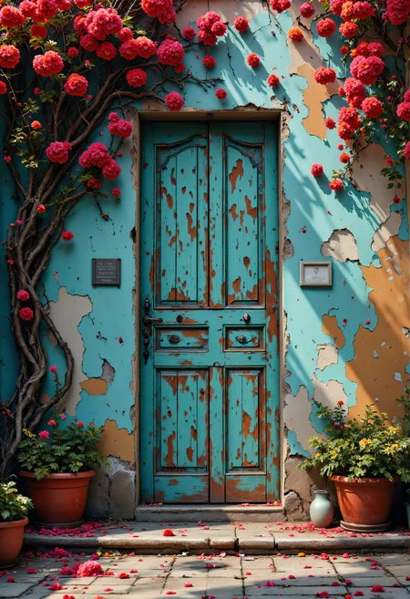 An enchanting, rustic scene featuring a weathered turquoise wall with patches of peeling paint, exposing warm, rusty hues underneath. In the center, a distressed wooden door, painted in matching turquoise tones with intricate panels, hints at forgotten histories. Delicate red blossoms emerge from a gnarled tree branch on the left, contrasting vibrantly against the cool wall, with petals scattered on the aged, tiled floor below. The light filters through the branches, casting soft shadows that add depth to the texture of the wall and the quiet, serene atmosphere. Potted plants with similar red blossoms frame the doorway, creating a harmonious yet mysterious blend of nature reclaiming an abandoned space. The composition channels an impressionistic style, focusing on rich textures, vivid contrasts, and a timeless, peaceful ambiance. in the style of Jed-clrfl <lora:flux-colourful:0.3> <lora:Sinfully_Stylish_.02_for_FLUX:0.6> <lora:FluxDFaeTasticDetails:0.5>
