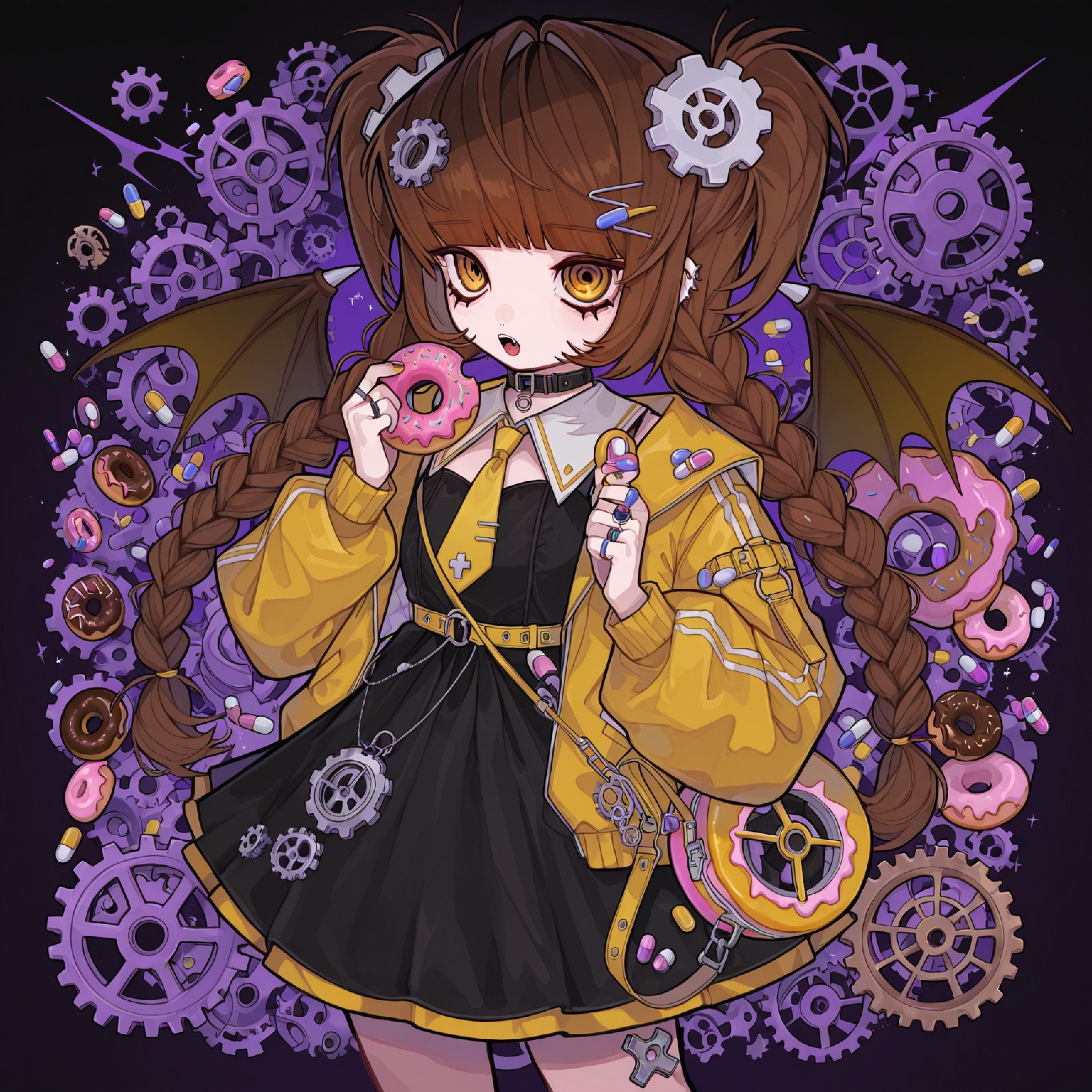 lazypos, tira_maid, demon wings, twin braids, jacket, brown hair, yellow necktie, ring, gears, pill, black dress, holding, doughnut