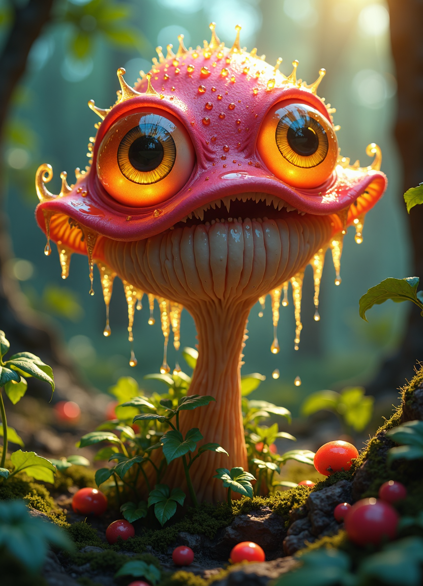 cinematic film still a vibrant 3D hallucination featuring an anthropomorphic, surreal mushroom with bulging, cartoon-like eyes that gleam with intense reflections. The mushroom's pink and orange tones are luminescent, dripping with golden liquid, adding a bizarre and otherworldly quality. Its stems twist upward like surreal vines, entwined with glossy, hyper-realistic green leaves that shimmer under a surreal light. The composition combines cartoonish whimsy with hallucinatory depth, evoking a schizophrenic fusion of reality and fantasy, with each element vibrating with uncanny, surreal energy. . shallow depth of field, vignette, highly detailed, high budget, bokeh, cinemascope, moody, epic, gorgeous, film grain, grainy