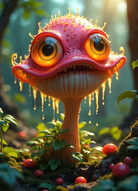 cinematic film still a vibrant 3D hallucination featuring an anthropomorphic, surreal mushroom with bulging, cartoon-like eyes that gleam with intense reflections. The mushroom's pink and orange tones are luminescent, dripping with golden liquid, adding a bizarre and otherworldly quality. Its stems twist upward like surreal vines, entwined with glossy, hyper-realistic green leaves that shimmer under a surreal light. The composition combines cartoonish whimsy with hallucinatory depth, evoking a schizophrenic fusion of reality and fantasy, with each element vibrating with uncanny, surreal energy. . shallow depth of field, vignette, highly detailed, high budget, bokeh, cinemascope, moody, epic, gorgeous, film grain, grainy